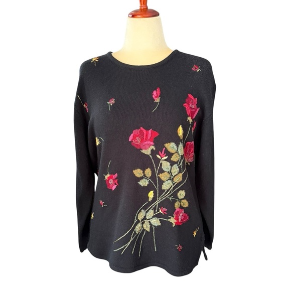 American Vintage Sweaters - Cynthia Taylor Embroidered Black Red Floral Sweater Women’s Large Vintage Boho